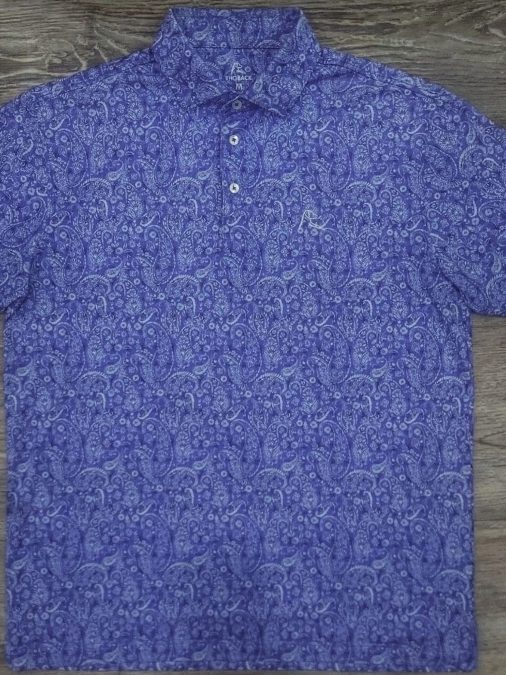 Rhoback Men's M Blue White Paisley Short Sleeve Collared Polo Button Logo
